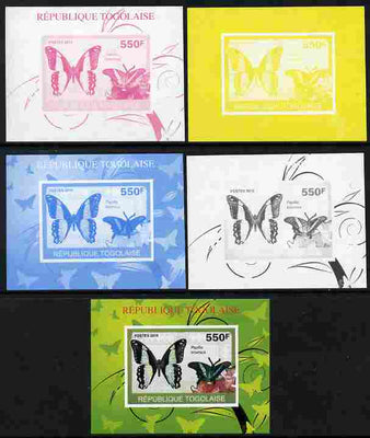 Togo 2010 Butterflies #2 individual deluxe sheet - the set of 5 imperf progressive proofs comprising the 4 individual colours plus all 4-colour composite, unmounted mint
