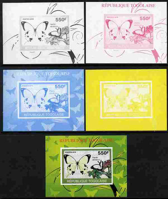 Togo 2010 Butterflies #3 individual deluxe sheet - the set of 5 imperf progressive proofs comprising the 4 individual colours plus all 4-colour composite, unmounted mint