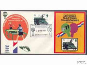 Great Britain 1977 Racket Sports 10p (Table-Tennis) on illustrated commem cover cancelled with special cancel for 34th World Table-Tennis Championships plus souvenir label