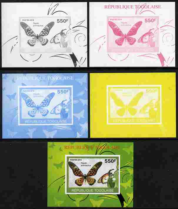 Togo 2010 Butterflies #4 individual deluxe sheet - the set of 5 imperf progressive proofs comprising the 4 individual colours plus all 4-colour composite, unmounted mint