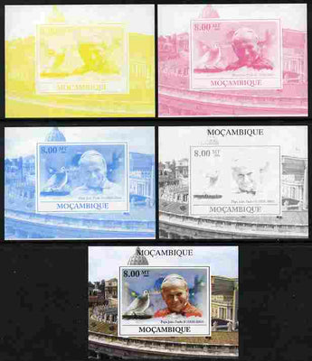 Mozambique 2009 Pope John Paul II #4 individual deluxe sheet - the set of 5 imperf progressive proofs comprising the 4 individual colours plus all 4-colour composite, unmounted mint