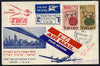 Israel 1957 TWA first Jetstream flight reg cover to USA bearing 160 & 300 New Year stamps, various backstamps (illustrated with Golden Gate Bridge)