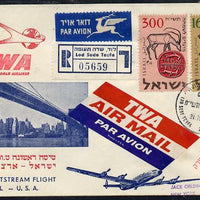 Israel 1957 TWA first Jetstream flight reg cover to USA bearing 160 & 300 New Year stamps, various backstamps (illustrated with Golden Gate Bridge)
