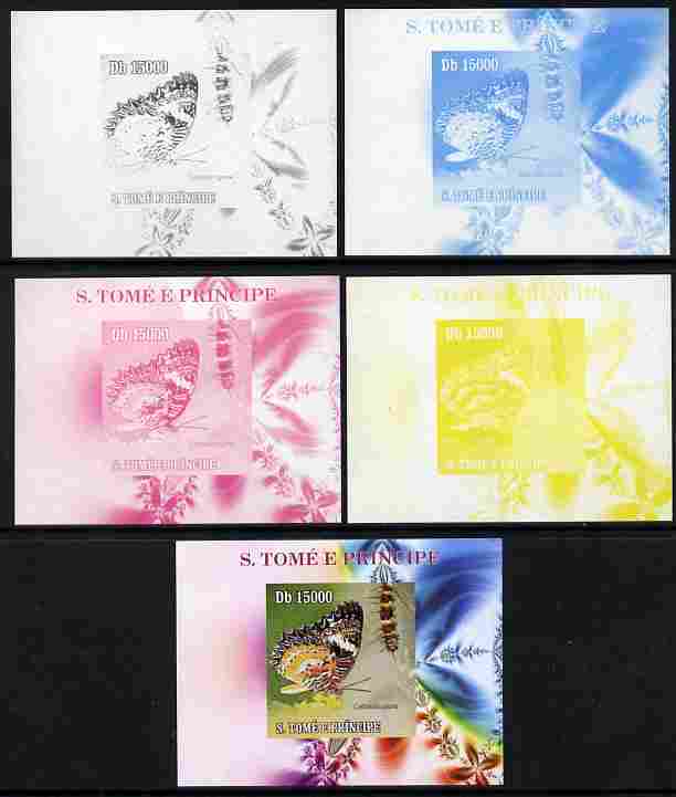 St Thomas & Prince Islands 2009 Butterflies & Catterpillars #3 individual deluxe sheet - the set of 5 imperf progressive proofs comprising the 4 individual colours plus all 4-colour composite, unmounted mint