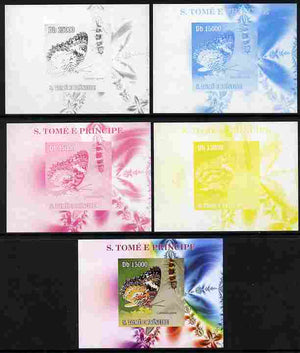 St Thomas & Prince Islands 2009 Butterflies & Catterpillars #3 individual deluxe sheet - the set of 5 imperf progressive proofs comprising the 4 individual colours plus all 4-colour composite, unmounted mint
