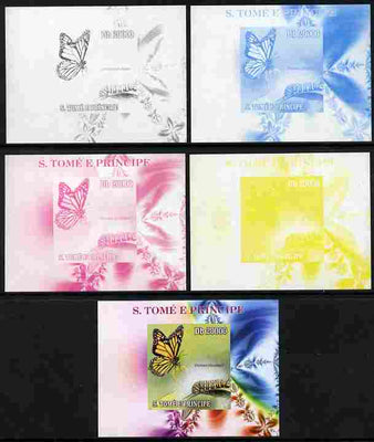 St Thomas & Prince Islands 2009 Butterflies & Catterpillars #4 individual deluxe sheet - the set of 5 imperf progressive proofs comprising the 4 individual colours plus all 4-colour composite, unmounted mint