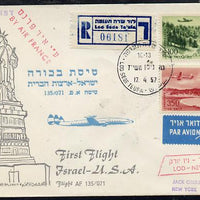 Israel 1957 Air France first flight reg cover to USA bearing Air stamps, various backstamps (illustrated with Statue of Liberty) Flight AF 135/071