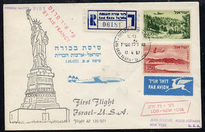 Israel 1957 Air France first flight reg cover to USA bearing Air stamps, various backstamps (illustrated with Statue of Liberty) Flight AF 135/071