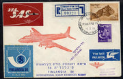 Israel 1956 Special SAS flight reg illustrated cover to Finland for Filandia '56 Stamp Exhibition, bearing Air stamp (Plane over Lion Rock) various backstamps