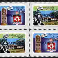 Tonga 1982 College Centenary 29s self-adhesive se-tenant block of 4 opt'd SPECIMEN unmounted mint, as SG 827-30