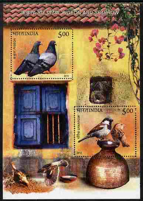 India 2010 Birds - Pigeon & Sparrow perf m/sheet containing 2 values unmounted mint