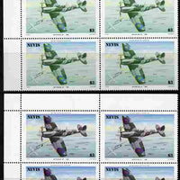 Nevis 1986 Spitfire $3 (Mark XII) with red omitted plus normal each in unmounted mint matched corner blocks from the top of the sheet as SG 374.