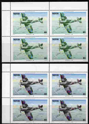 Nevis 1986 Spitfire $3 (Mark XII) with red omitted plus normal each in unmounted mint matched corner blocks from the top of the sheet as SG 374.