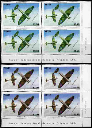 Nevis 1986 Spitfire $2.50 (Mark 1A in Battle of Britain) with red omitted plus normal each in unmounted mint matched corner blocks from the lower right corner with Format International imprint as SG 373.