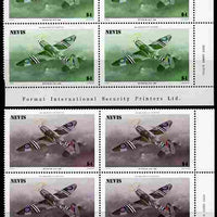 Nevis 1986 Spitfire $4 (Mark XXIV) with red omitted plus normal each in unmounted mint matched corner blocks from the lower right corner with Format International imprint as SG 375.
