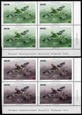 Nevis 1986 Spitfire $4 (Mark XXIV) with red omitted plus normal each in unmounted mint matched corner blocks from the lower right corner with Format International imprint as SG 375.