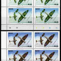 Nevis 1986 Spitfire $2.50 (Mark 1A in Battle of Britain) with red omitted plus normal each in unmounted mint matched corner blocks from the lower left corner with plate numbers & colour checks as SG 373.,