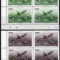 Nevis 1986 Spitfire $4 (Mark XXIV) with red omitted plus normal each in unmounted mint matched corner blocks from the lower left corner with plate numbers & colour checks as SG 375.,