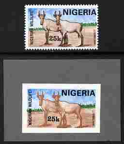 Nigeria 1984 Nigerian Wildlife 25k (Hartbeest) imperf machine proof similar to issued except animals are without black outline, mounted on grey card plus issued normal