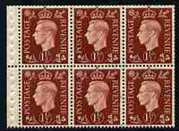 Great Britain 1937-47 KG6 1.5d red-brown booklet pane of 6 with inverted watermark unmounted mint with good perfs on 2 sides SG QB21a