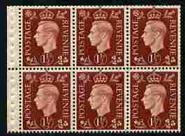 Great Britain 1937-47 KG6 1.5d red-brown booklet pane of 6 with inverted watermark unmounted mint with good perfs on 2 sides SG QB21a