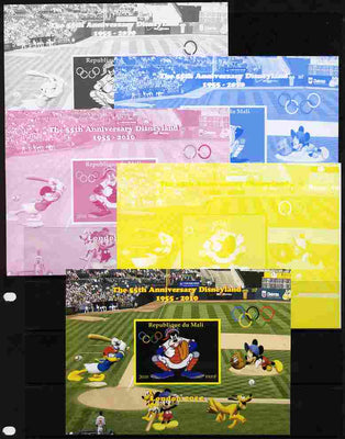 Mali 2010 The 55th Anniversary of Disneyland - Baseball #6 s/sheet - the set of 5 imperf progressive proofs comprising the 4 individual colours plus all 4-colour composite, unmounted mint