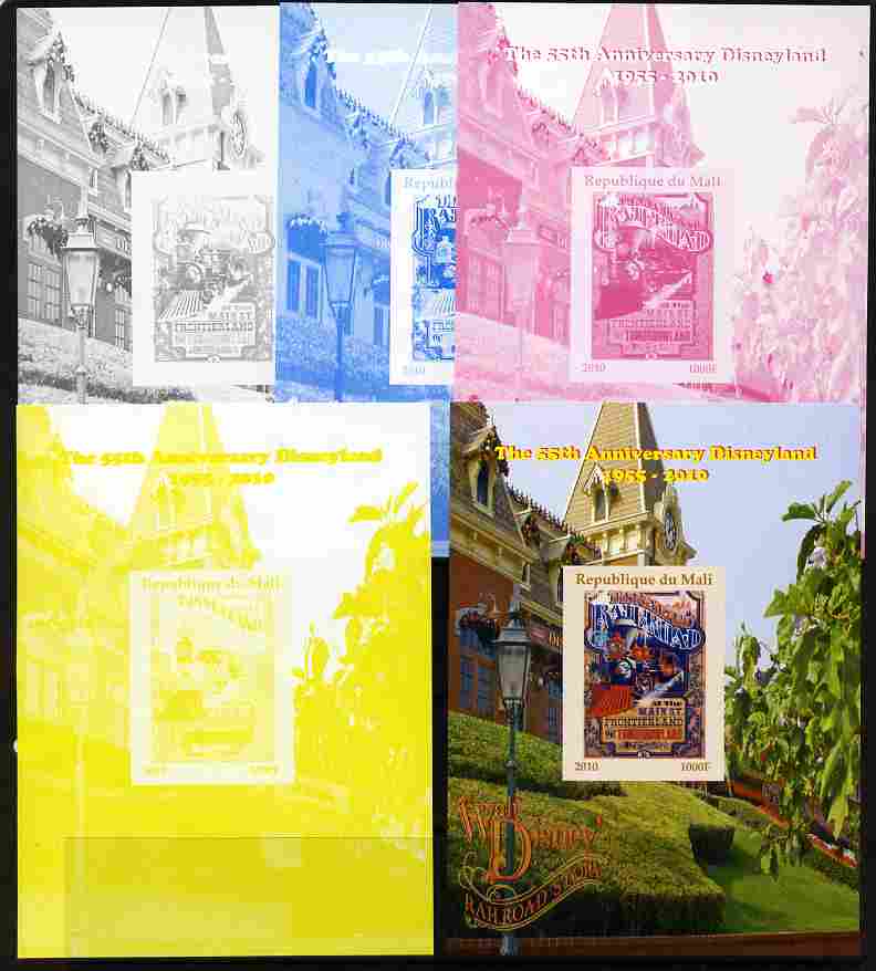 Mali 2010 The 55th Anniversary of Disneyland - Walt Disney's Railroad Story #16 s/sheet - the set of 5 imperf progressive proofs comprising the 4 individual colours plus all 4-colour composite, unmounted mint