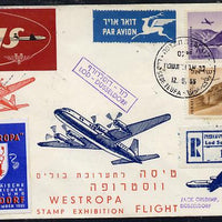 Israel 1955 SAS reg flight cover to Germany for 'Westropa' Stamp Exhibition, bearing special Westropa label, Air stamps with various handstamps and backstamps