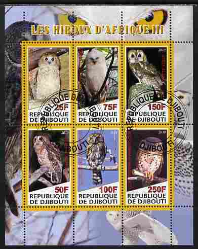 Djibouti 2010 African Owls #03 perf sheetlet containing 6 values fine cto used