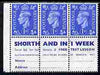 Great Britain 1950-52 KG6 1d light ultramarine booklet pane of 6 (3 stamps plus Shorthand in one week) with inverted watermark unmounted mint average perfs SG spec QB20a