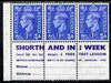 Great Britain 1950-52 KG6 1d light ultramarine booklet pane of 6 (3 stamps plus Shorthand in one week) with upright watermark unmounted mint average perfs SG spec QB20