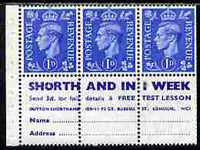 Great Britain 1950-52 KG6 1d light ultramarine booklet pane of 6 (3 stamps plus Shorthand in one week) with upright watermark unmounted mint average perfs SG spec QB20
