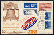 Israel 1957 TWA First flight reg cover to USA (Philadelphia) bearing Air stamps with various backstamps (illustrated with Bell) Super - G Constellation Flight TW 823