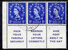 Great Britain 1955-58 Wilding 1d ultramarine Edward Crown booklet pane of 6 (3 stamps plus Pack Your Parcels Securely) with upright watermark fine used with good perfs (reinforced) SG spec SB29