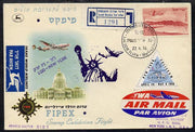 Israel 1956 Special TWA reg flight cover to New York for Fipex Stamp Exhibition bearing Air stamp & exhibition label various handstamps & backstamps (Illustrated with Plane over White House & Statue of Liberty)