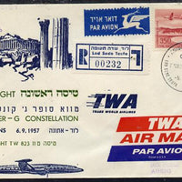 Israel 1957 TWA First flight reg cover to Athens, various handstamps & backstamps (Illustrated with Plane & Parthenon) Flight TW 823