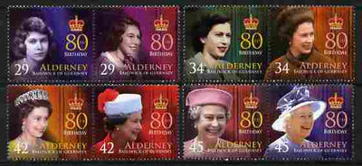 Guernsey - Alderney 2006 80th Birthday of Queen Elizabeth II perf set of 8 (4 se-tenant pairs) unmounted mint SG A274-81
