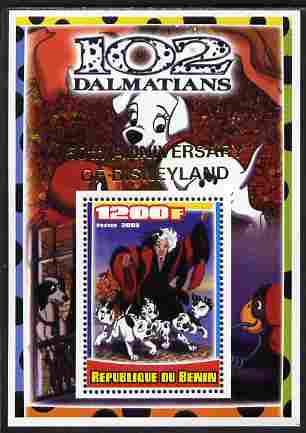 Benin 2005 Disney's 102 Dalmations #1 perf m/sheet overprinted 50th Anniversary of Disneyland in gold unmounted mint. Note this item is privately produced and is offered purely on its thematic appeal