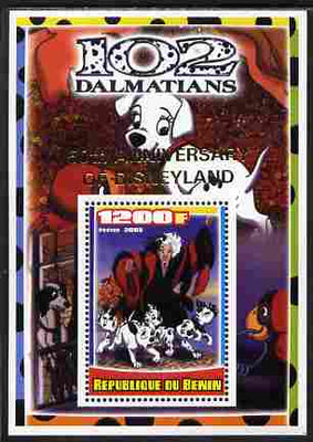 Benin 2005 Disney's 102 Dalmations #1 perf m/sheet overprinted 50th Anniversary of Disneyland in gold unmounted mint. Note this item is privately produced and is offered purely on its thematic appeal