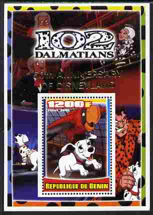 Benin 2005 Disney's 102 Dalmations #4 perf m/sheet overprinted 50th Anniversary of Disneyland in gold unmounted mint. Note this item is privately produced and is offered purely on its thematic appeal