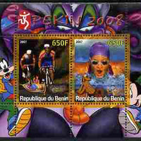 Benin 2007 Beijing Olympic Games #26 - Cycling & Swimming perf s/sheet containing 2 values (Disney characters in background) unmounted mint. Note this item is privately produced and is offered purely on its thematic appeal