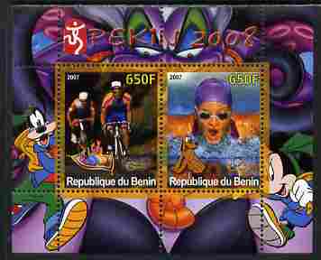 Benin 2007 Beijing Olympic Games #26 - Cycling & Swimming perf s/sheet containing 2 values (Disney characters in background) unmounted mint. Note this item is privately produced and is offered purely on its thematic appeal