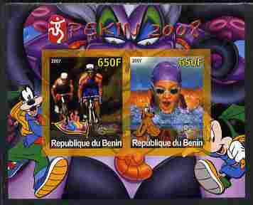 Benin 2007 Beijing Olympic Games #26 - Cycling & Swimming imperf s/sheet containing 2 values (Disney characters in background) unmounted mint. Note this item is privately produced and is offered purely on its thematic appeal