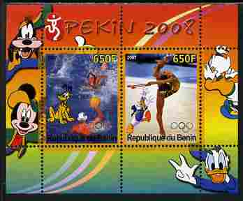 Benin 2007 Beijing Olympic Games #28 - Water Polo & Gymnastics perf s/sheet containing 2 values (Disney characters in background) unmounted mint. Note this item is privately produced and is offered purely on its thematic appeal