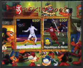 Benin 2007 Beijing Olympic Games #30 - Fencing & Football perf s/sheet containing 2 values (Disney characters in background) unmounted mint. Note this item is privately produced and is offered purely on its thematic appeal