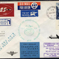 Israel 1954 SAS first Polar flight reg cover to Los Angeles - Scandinavia via Greenland bearing Air stamp (Tanour Falls with tab) various backstamps and markings
