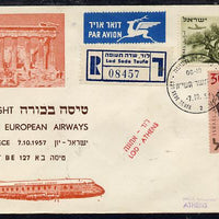 Israel 1957 BEA first flight reg illustrated cover to Greece bearing Air stamps various backstamps, Flight BE 127