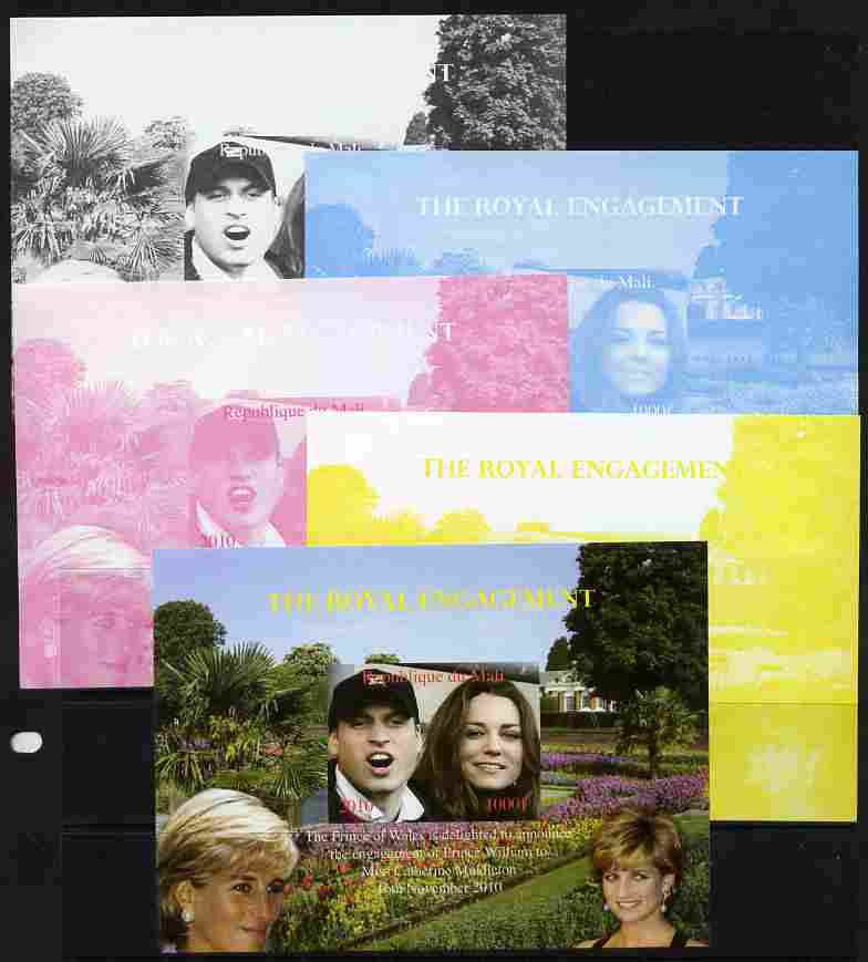 Mali 2010 Royal Engagement (William & Kate) #01 s/sheet - the set of 5 imperf progressive proofs comprising the 4 individual colours plus all 4-colour composite, unmounted mint