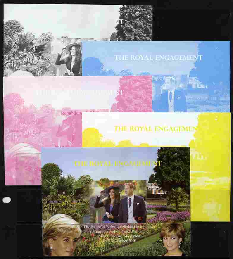 Mali 2010 Royal Engagement (William & Kate) #04 s/sheet - the set of 5 imperf progressive proofs comprising the 4 individual colours plus all 4-colour composite, unmounted mint