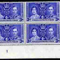Somaliland 1937 KG6 Coronation 3a corner plate block of 4 (plate 1) unmounted mint (Coronation plate blocks are rare) SG 92